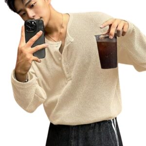 Imsa Moda Men's Textured Fabric Solid Half-Open Collar T-Shirt | Full Sleeve Casual Shirt for Men | Comfortable Fall Wear